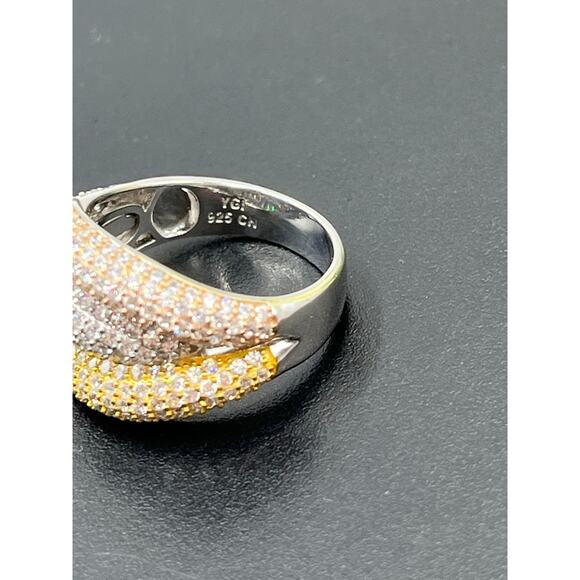 YGI 925 CN Tri-tone Sparkling Micro Pave CZ Overpass Iced Chunky Ring Sz 8.5 - Picture 7 of 9